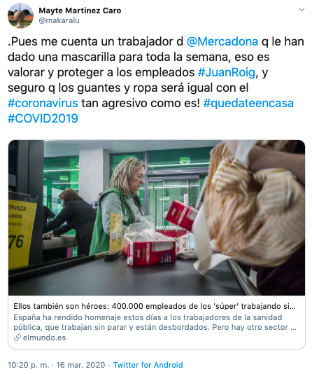 Post crítica de falta de protección empleados de supermercados